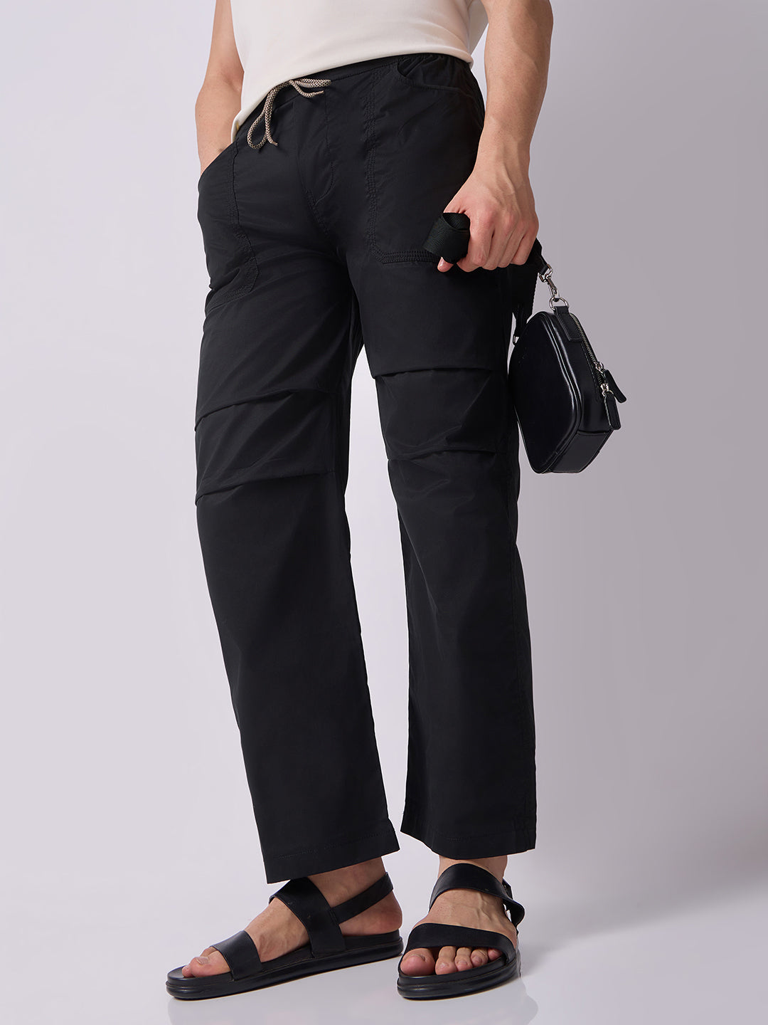 Black Panelled-Knee Parachute Pants – White Contrast Stitch