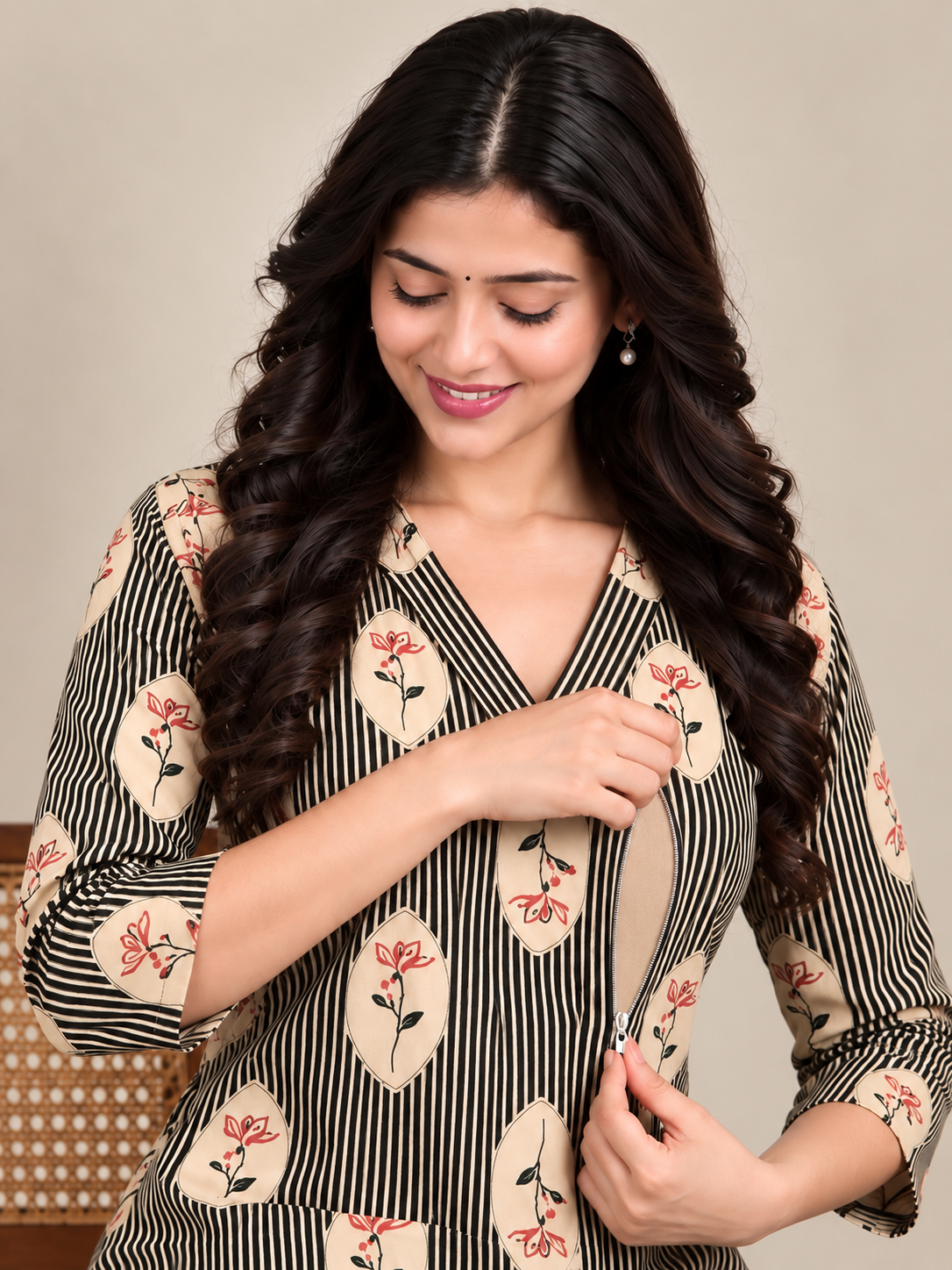 Olive stripes print maternity feeding kurti