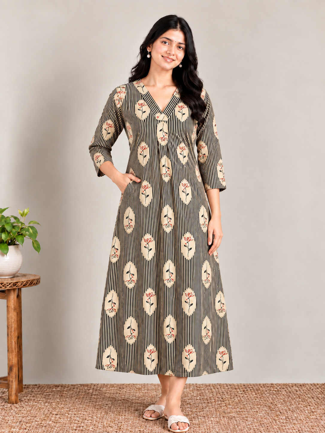 Olive stripes print maternity feeding kurti
