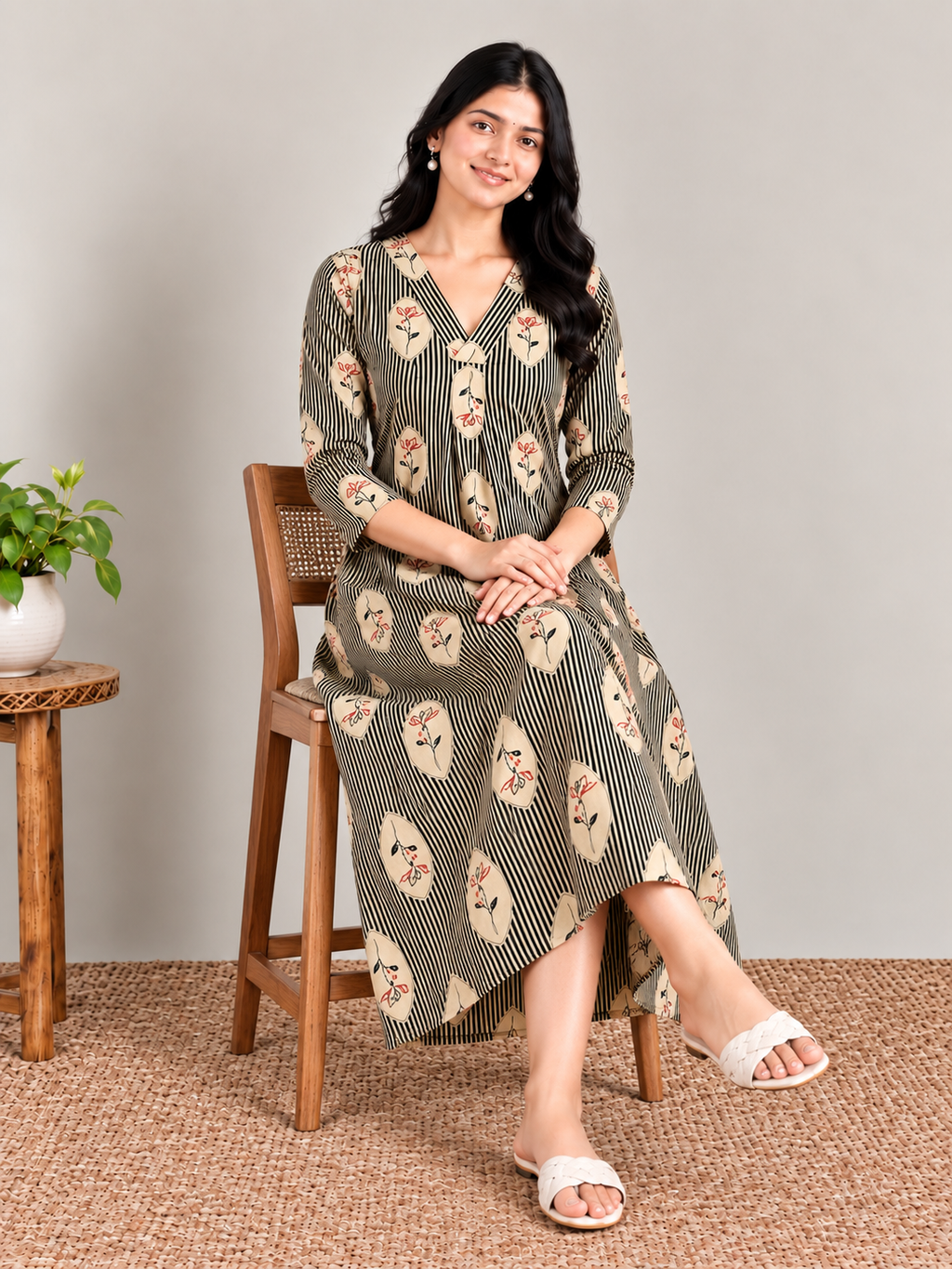 Olive stripes print maternity feeding kurti