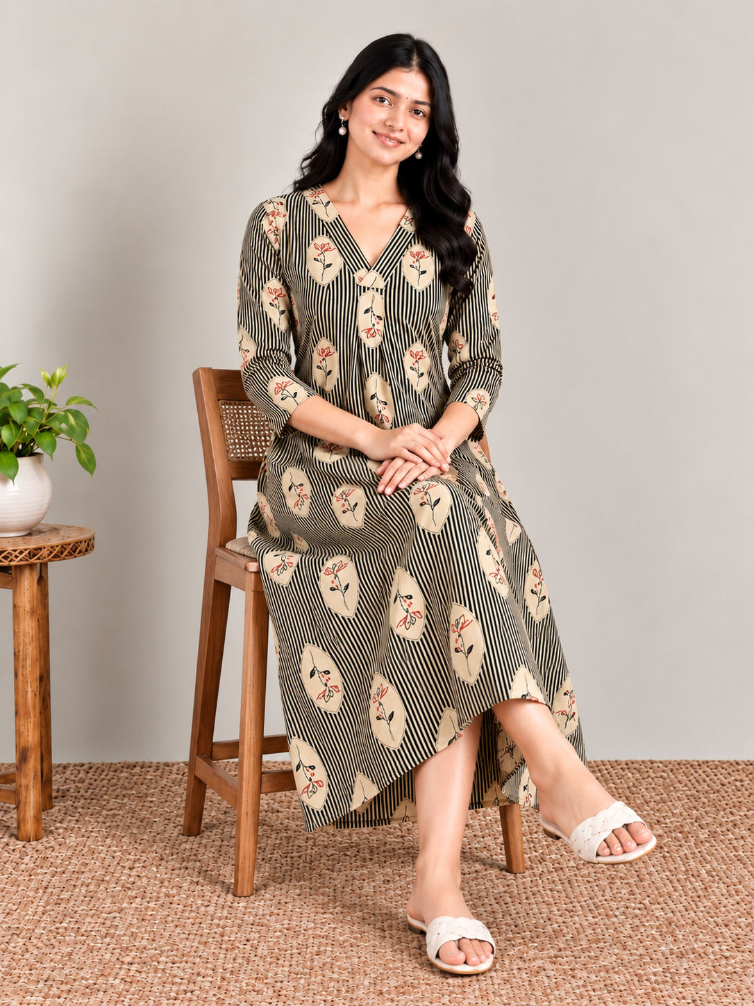 Olive stripes print maternity feeding kurti