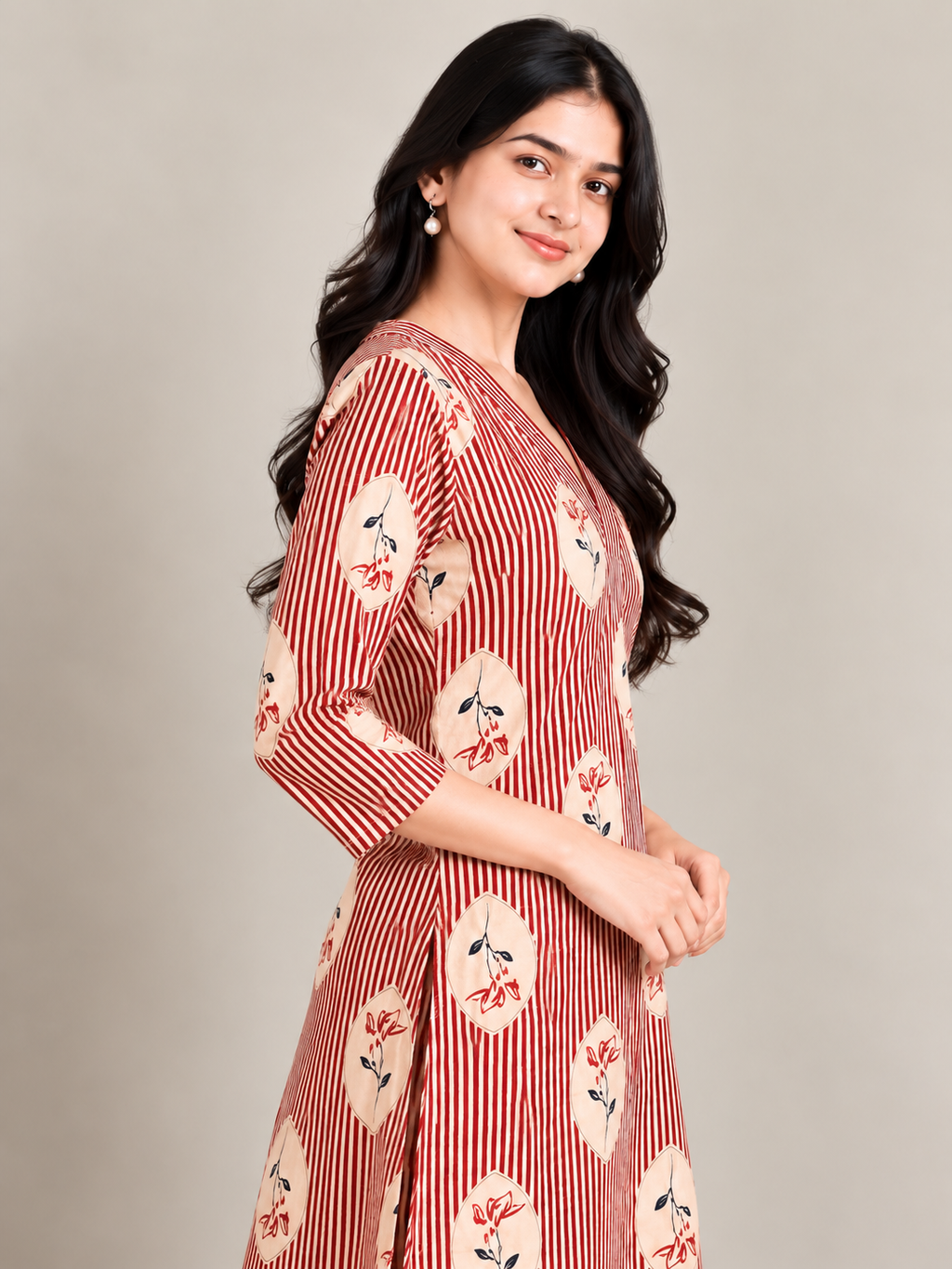Red stripes maternity feeding kurti