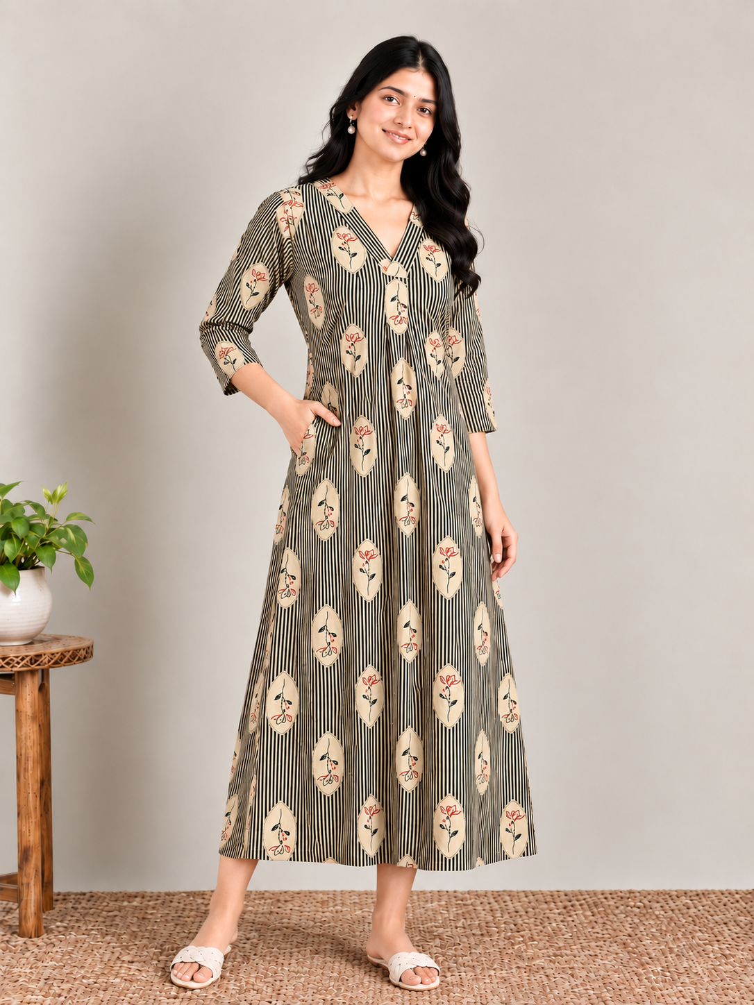 Olive stripes print maternity feeding kurti