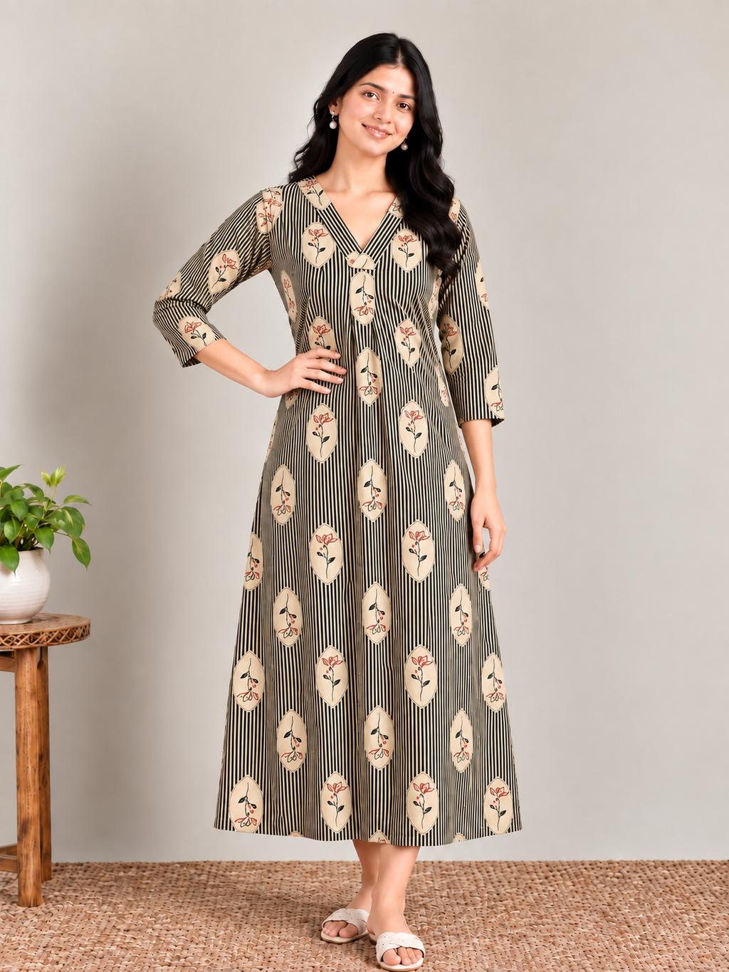 Olive stripes print maternity feeding kurti