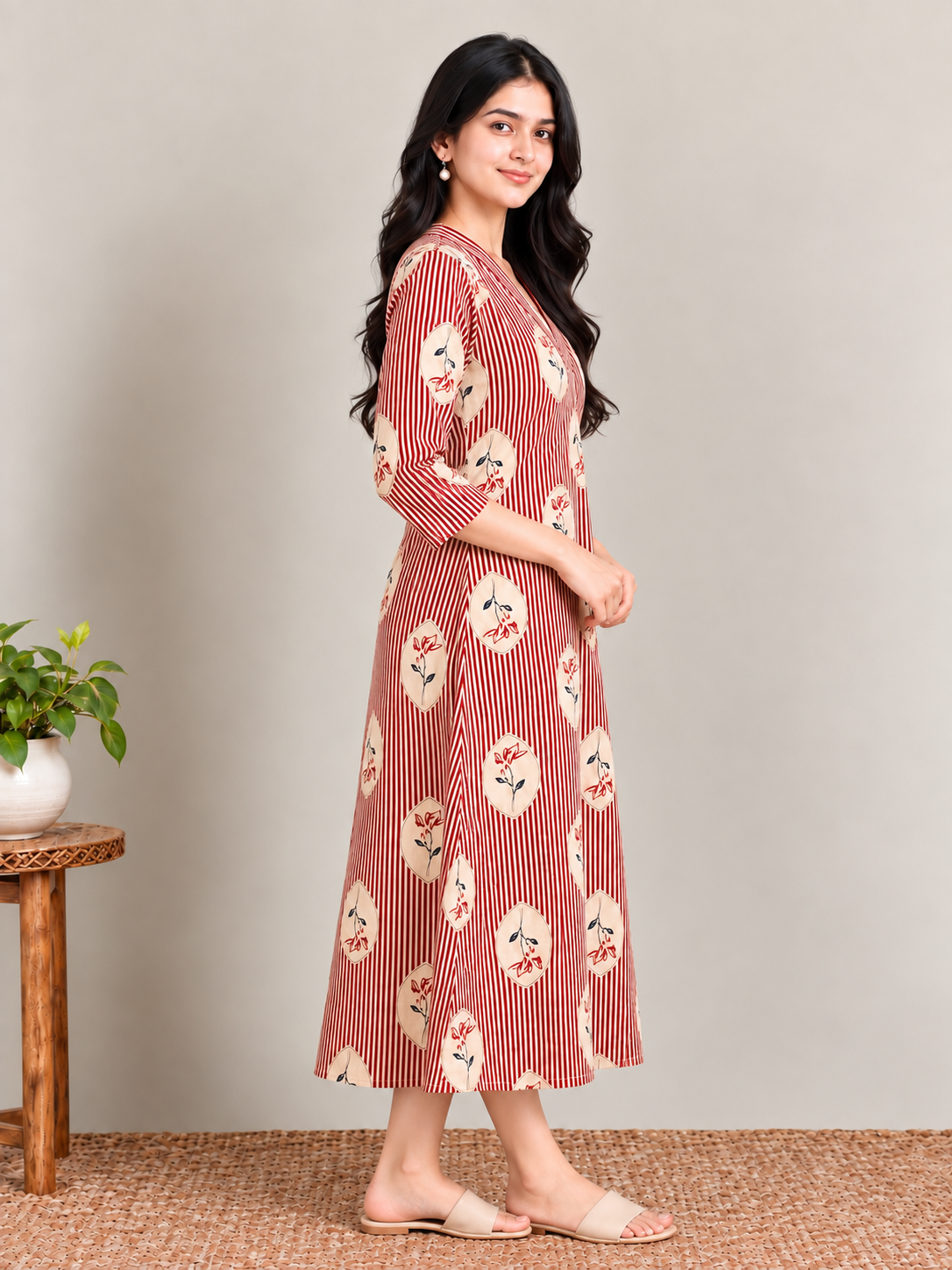 Red stripes maternity feeding kurti