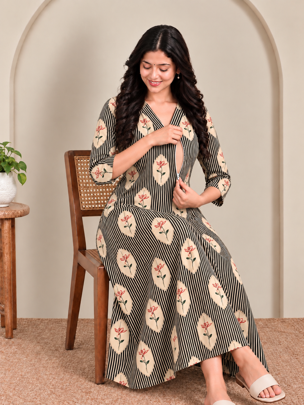 Olive stripes print maternity feeding kurti