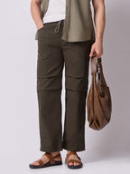 Olive Green Panelled-Knee Parachute Pants