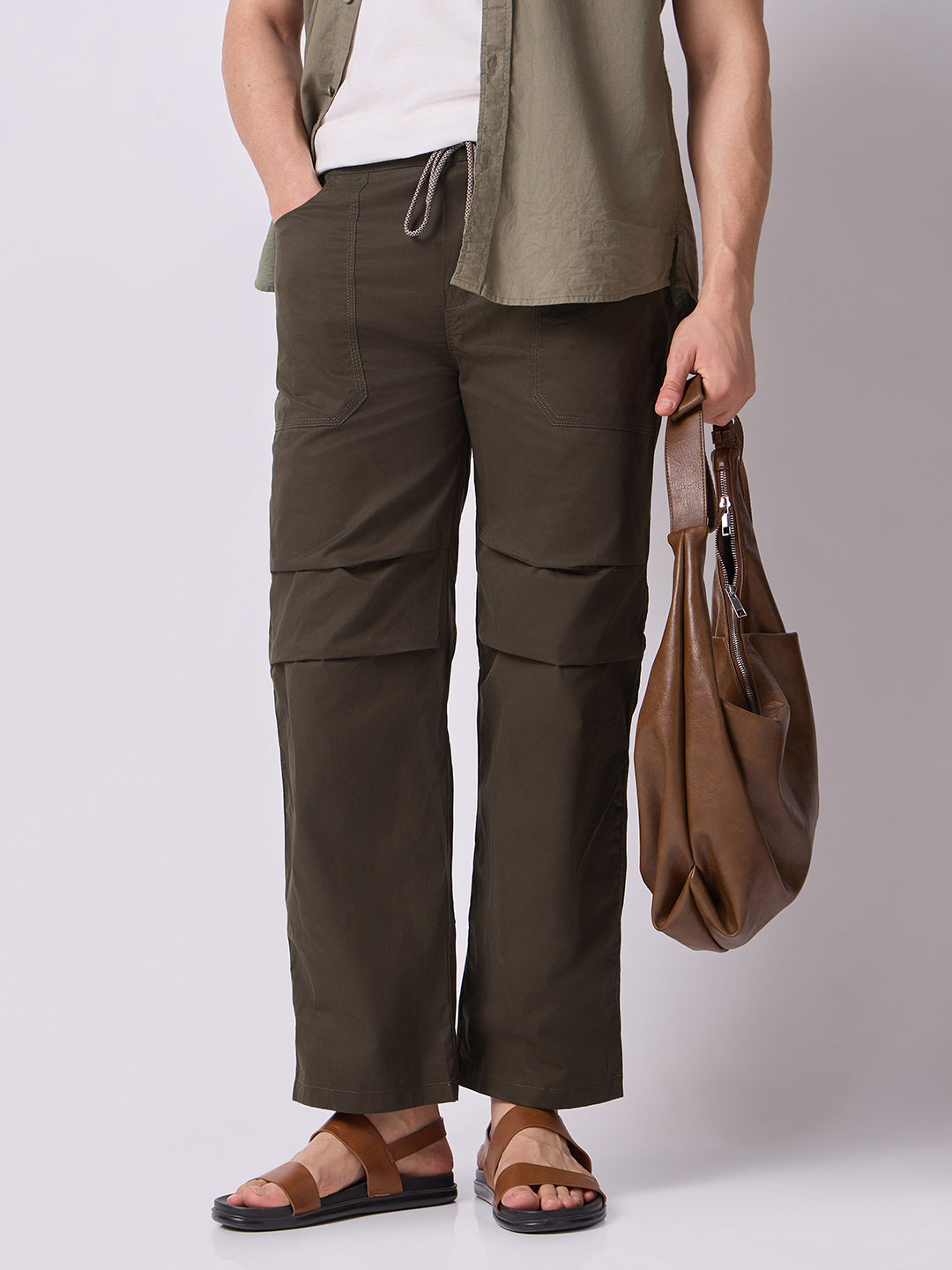 Olive Green Panelled-Knee Parachute Pants