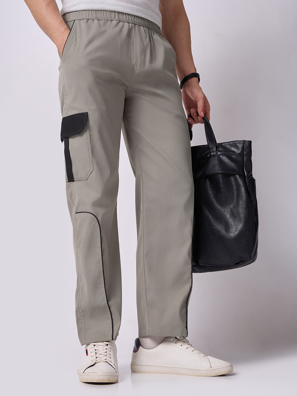 Grey Cargo Parachute Pants with Black Trim