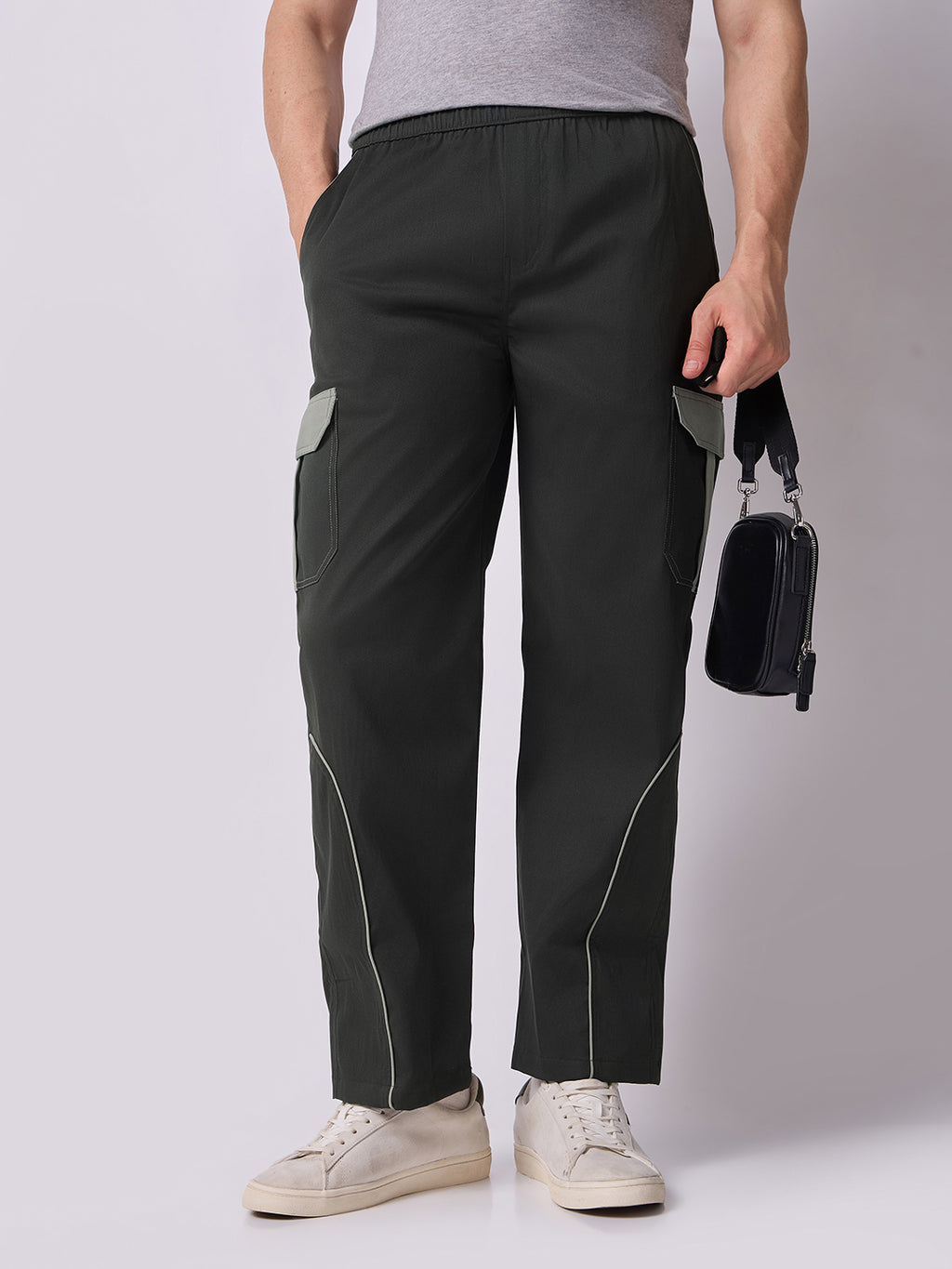 Olive Cargo Parachute Pants with Grey Trim