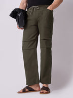Deep Olive Panelled-Knee Parachute Pants