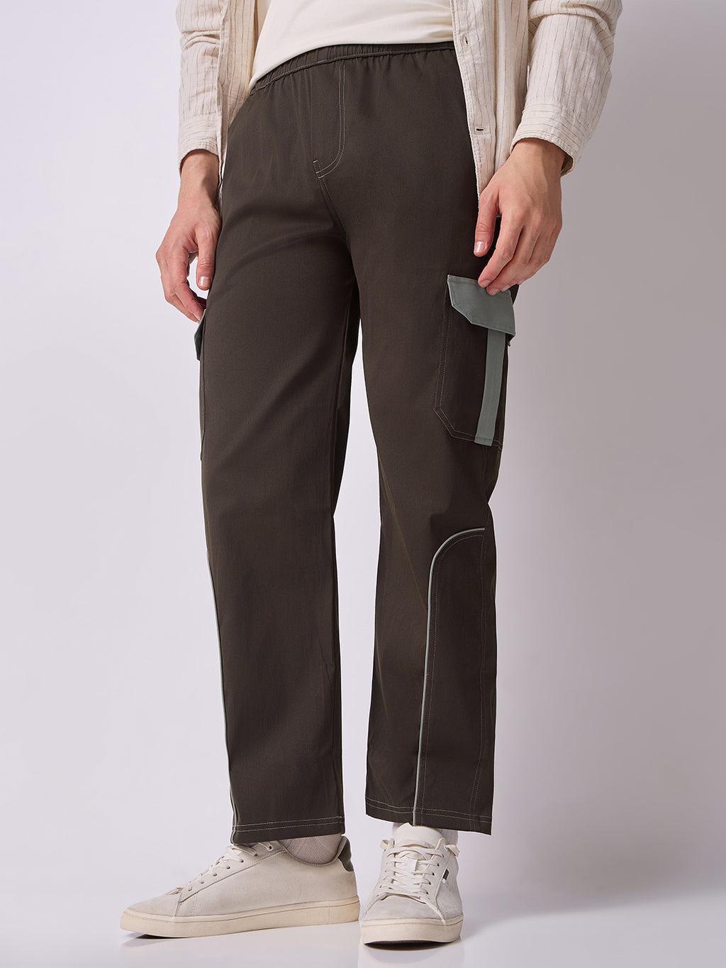 Coffee Brown Cargo Parachute Pants with Grey Trim