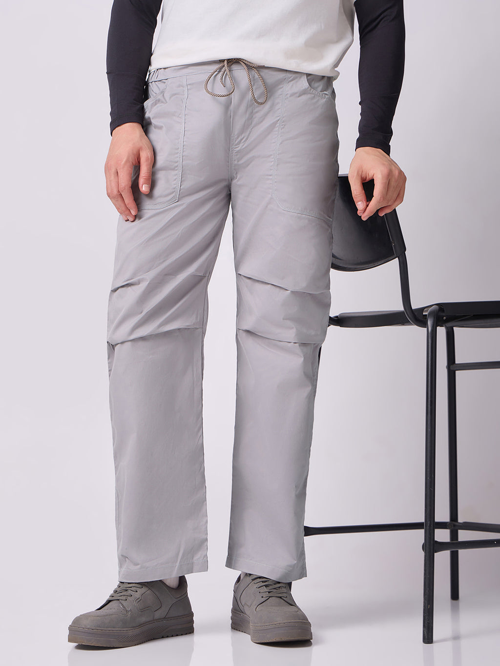 Grey Panelled-Knee Parachute Pants