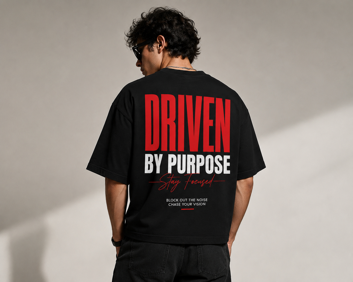 Model wearing Driven By Purpose t-shirt