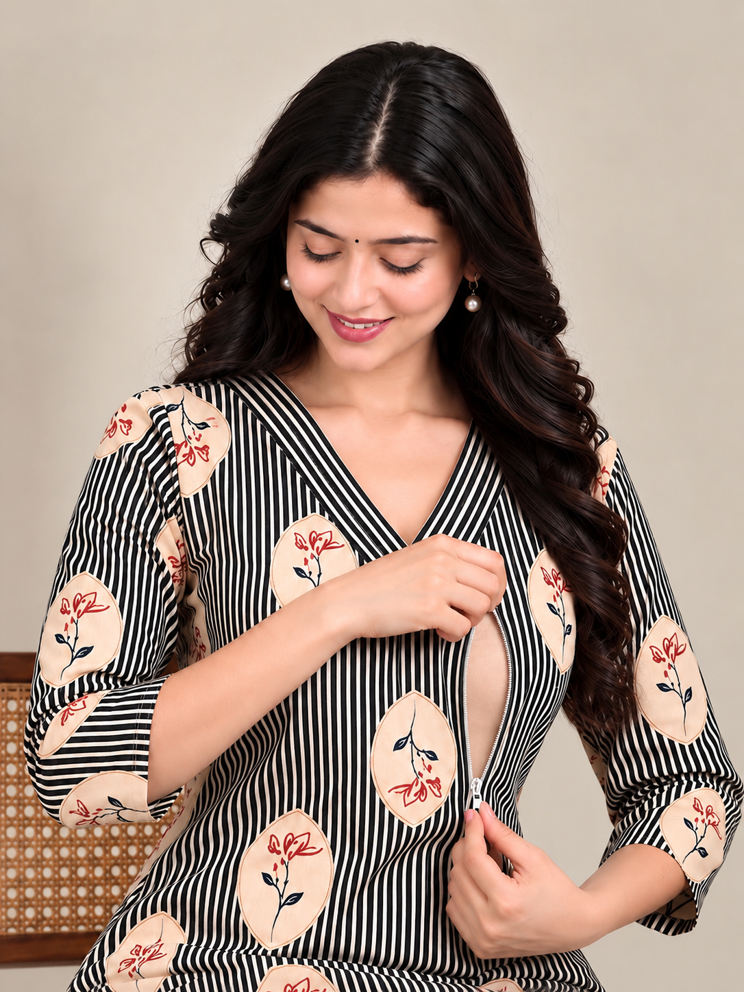 Blue stripes print maternity feeding kurti