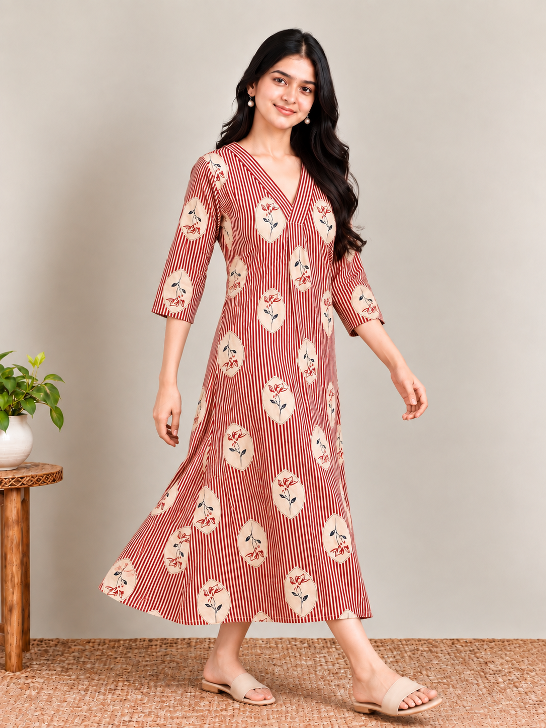 Red stripes maternity feeding kurti