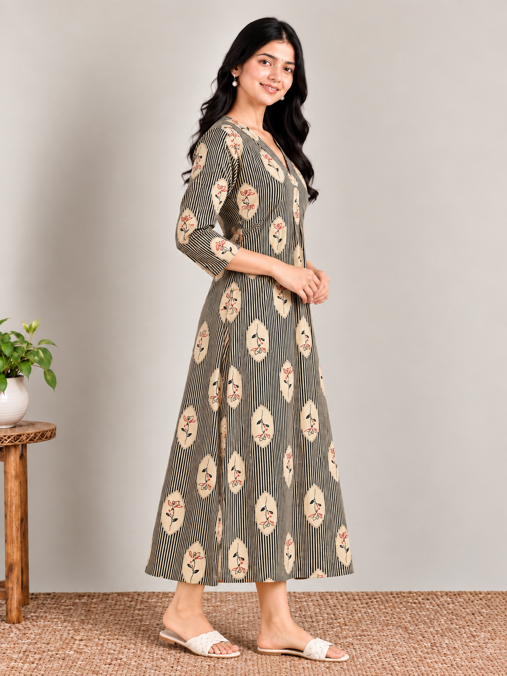 Olive stripes print maternity feeding kurti