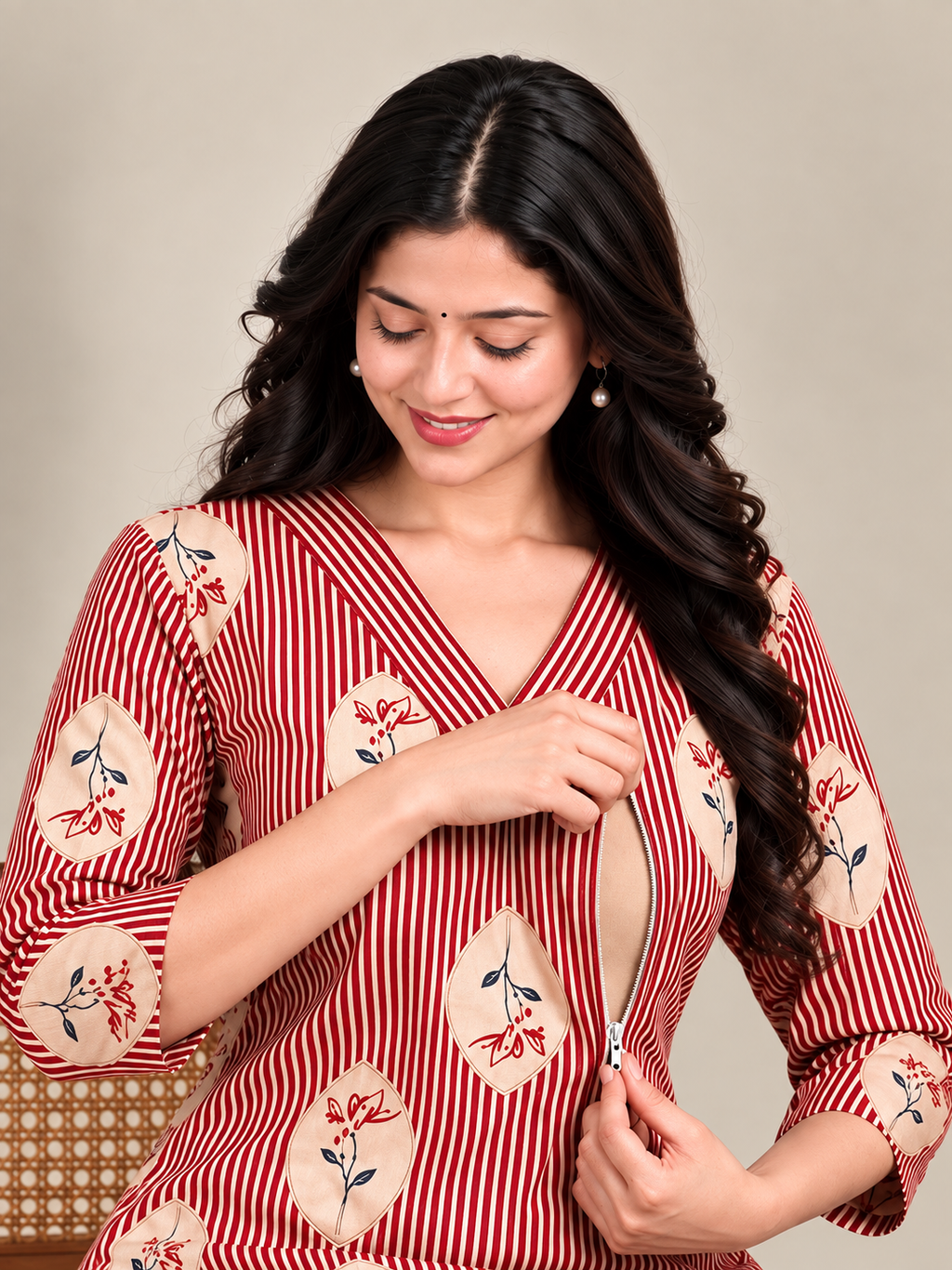 Red stripes maternity feeding kurti