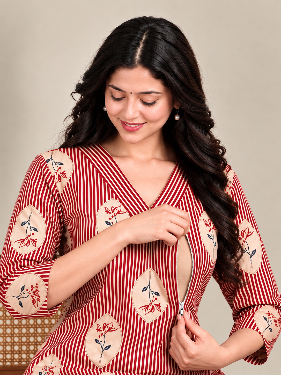 Red stripes maternity feeding kurti
