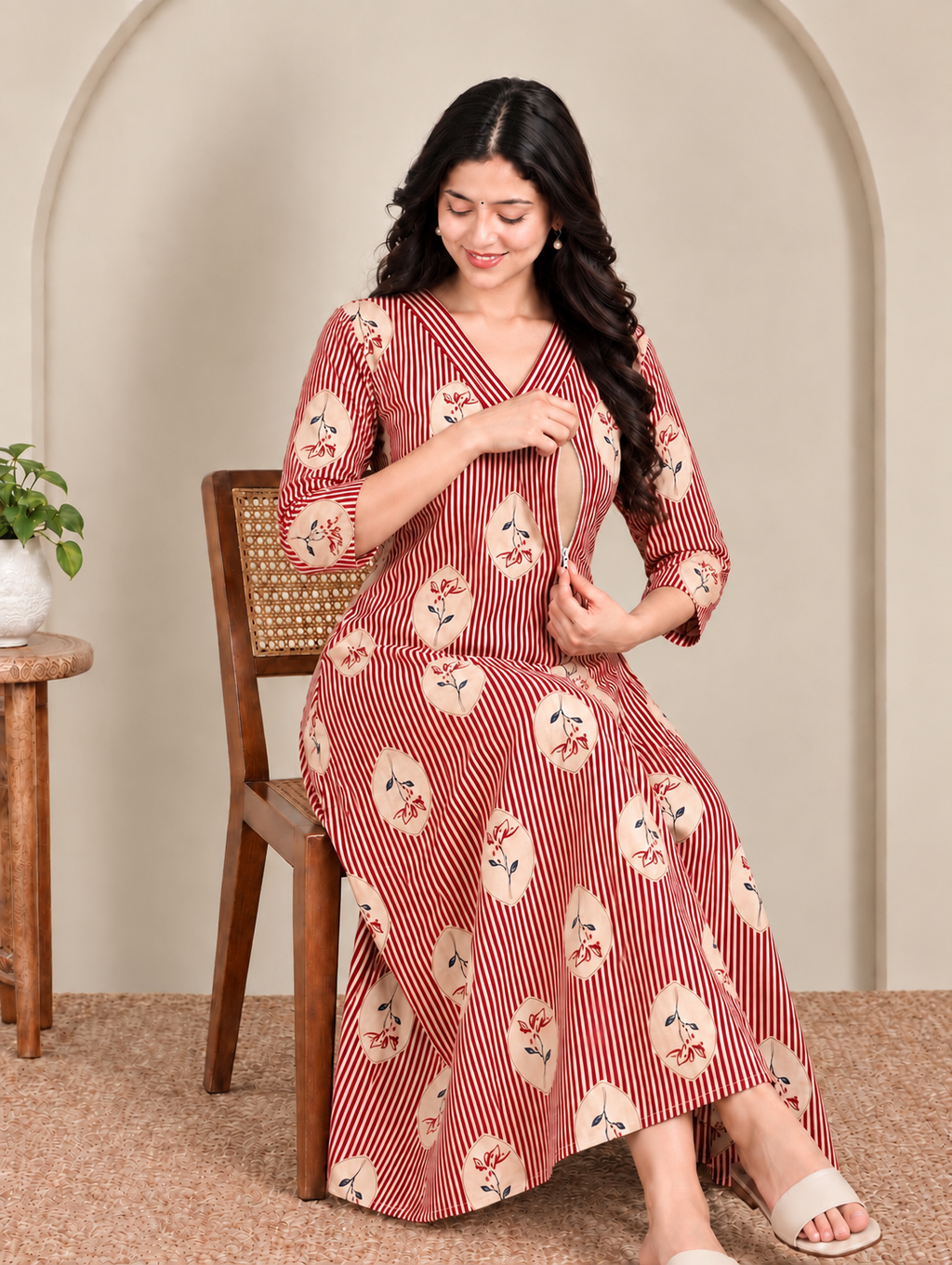 Red stripes maternity feeding kurti