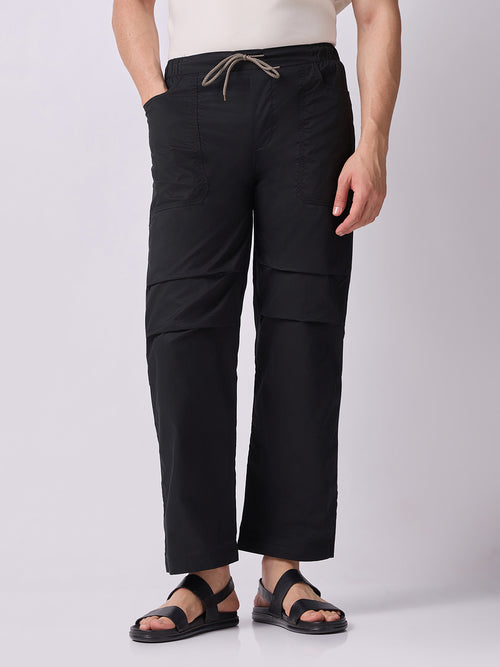 Black Panelled-Knee Parachute Pants – White Contrast Stitch