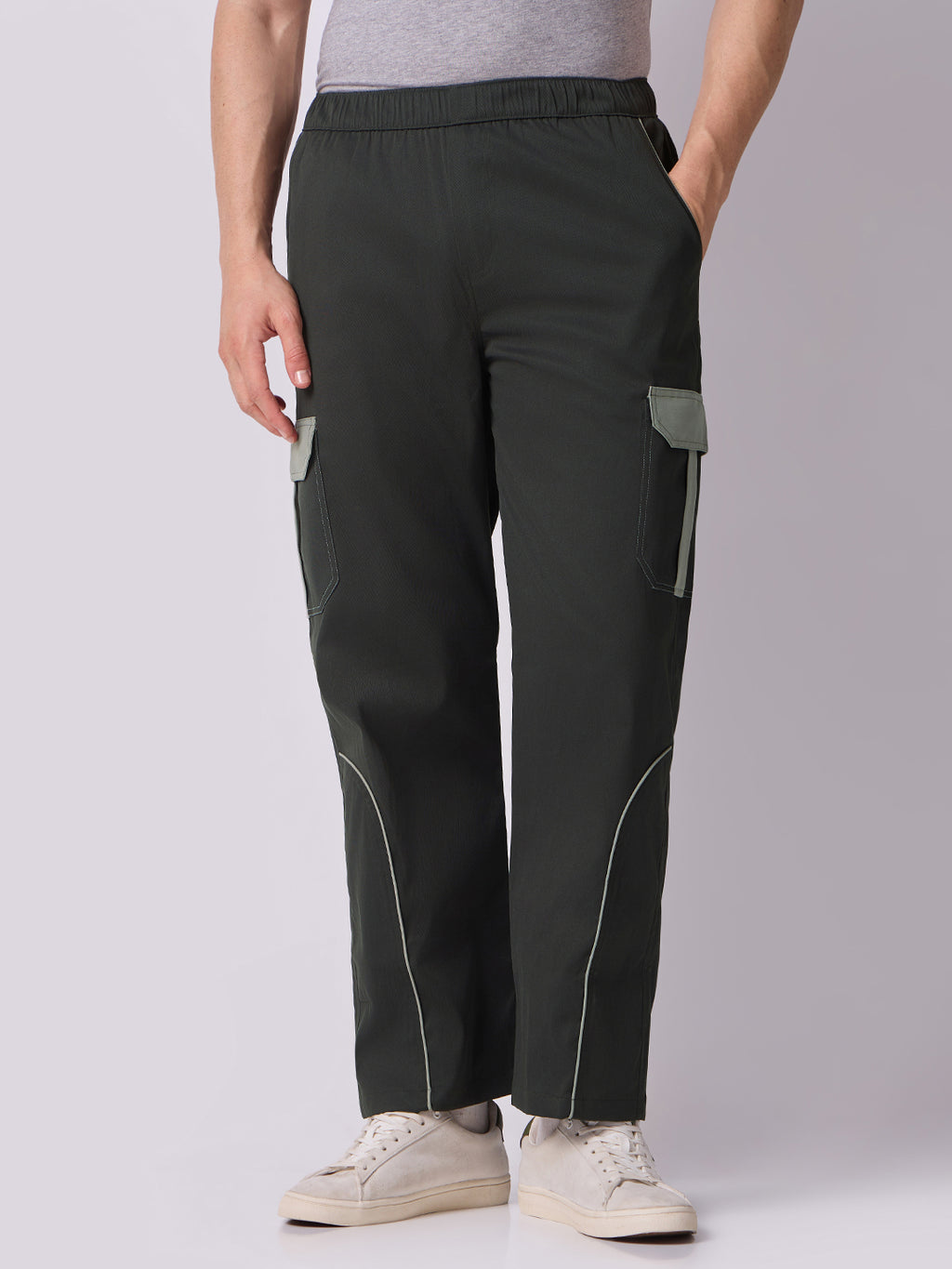 Olive Cargo Parachute Pants with Grey Trim