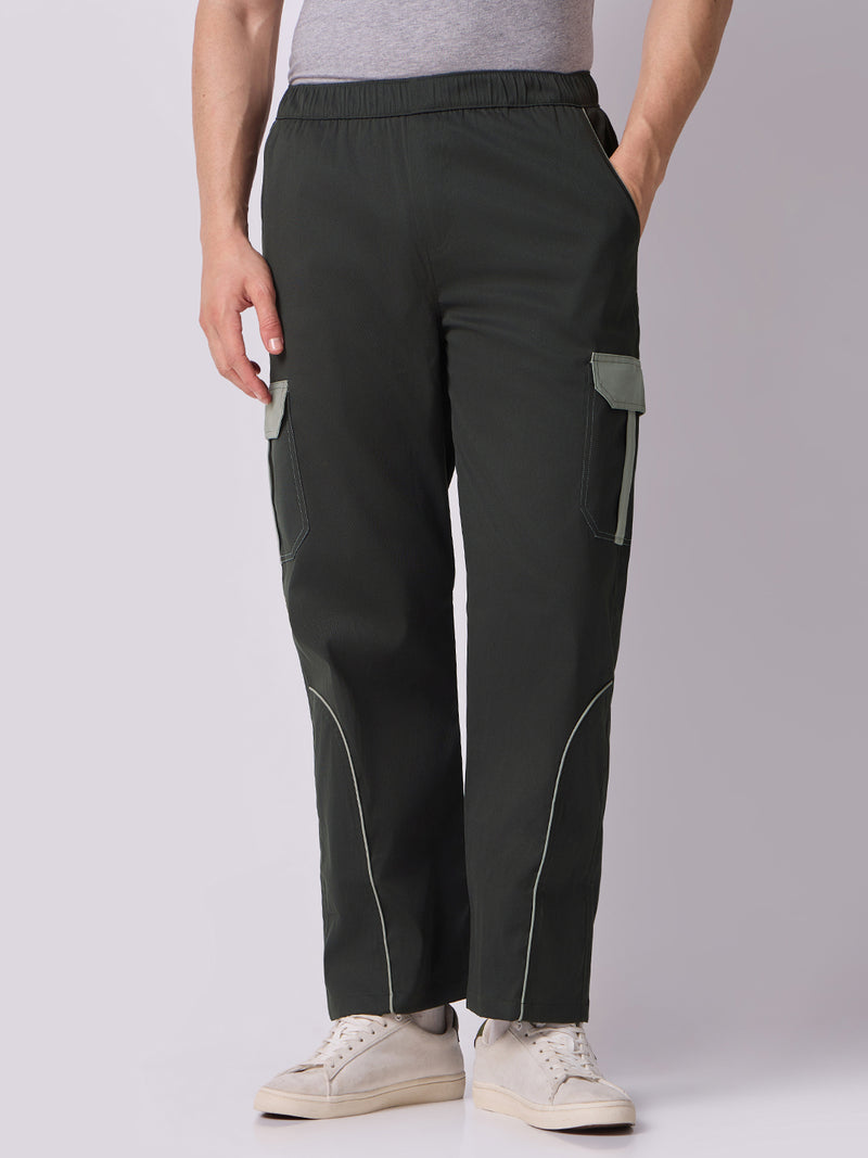 Olive Cargo Parachute Pants with Grey Trim