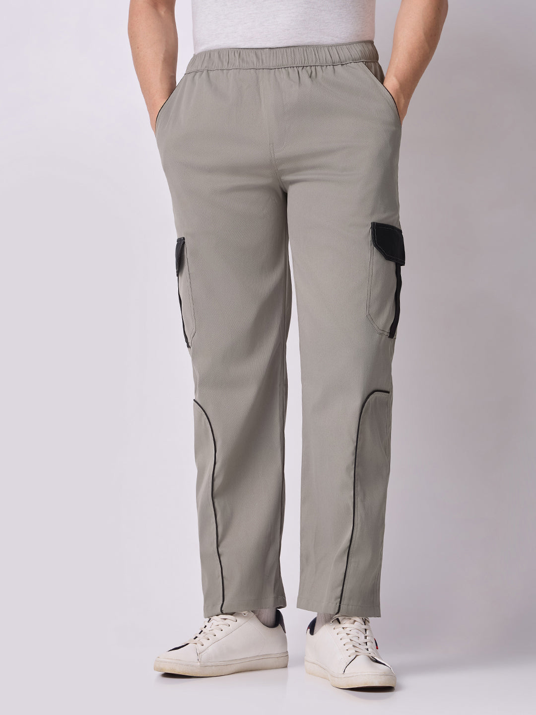 Grey Cargo Parachute Pants with Black Trim