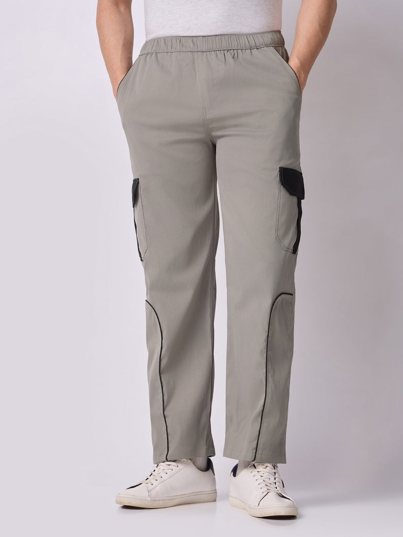 Grey Cargo Parachute Pants with Black Trim