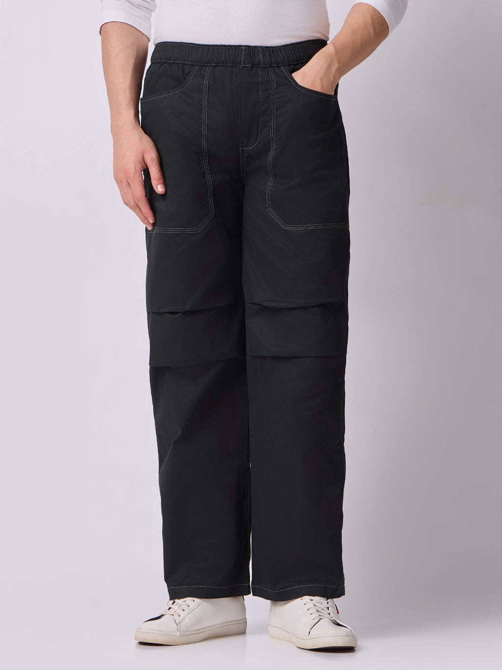 Black Panelled-Knee Parachute Pants