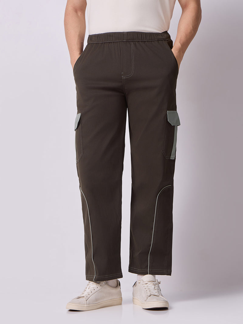 Coffee Brown Cargo Parachute Pants with Grey Trim
