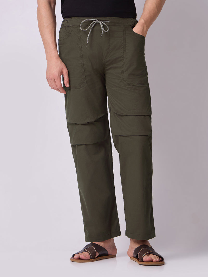 Deep Olive Panelled-Knee Parachute Pants