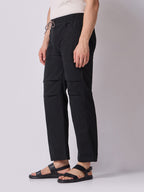 Black Panelled-Knee Parachute Pants – White Contrast Stitch