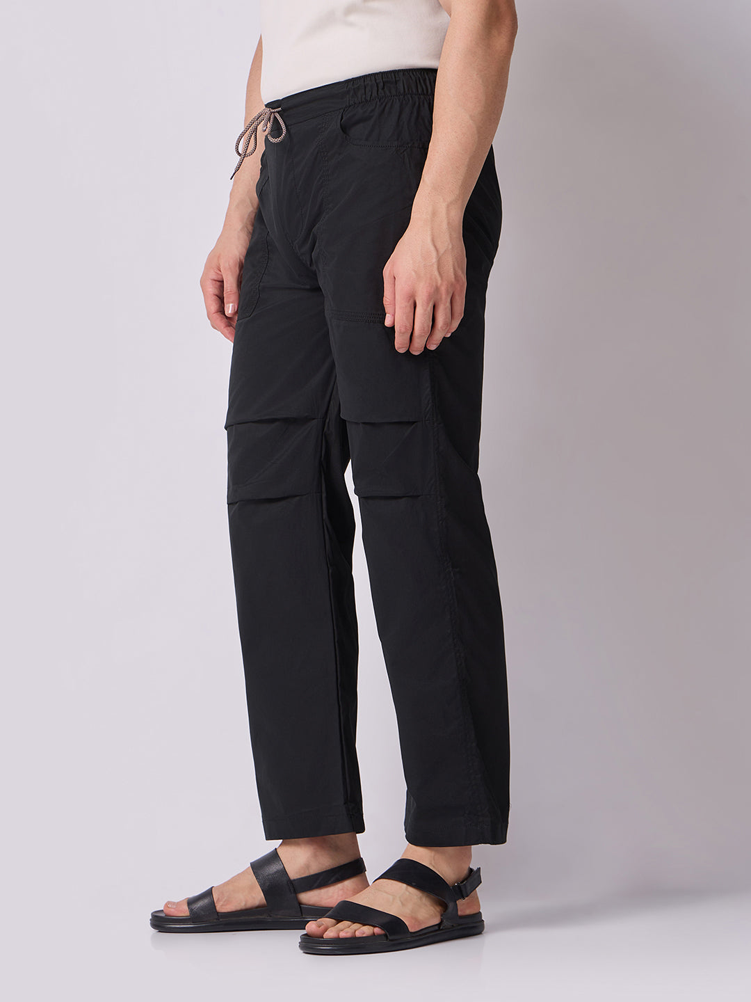 Black Panelled-Knee Parachute Pants – White Contrast Stitch