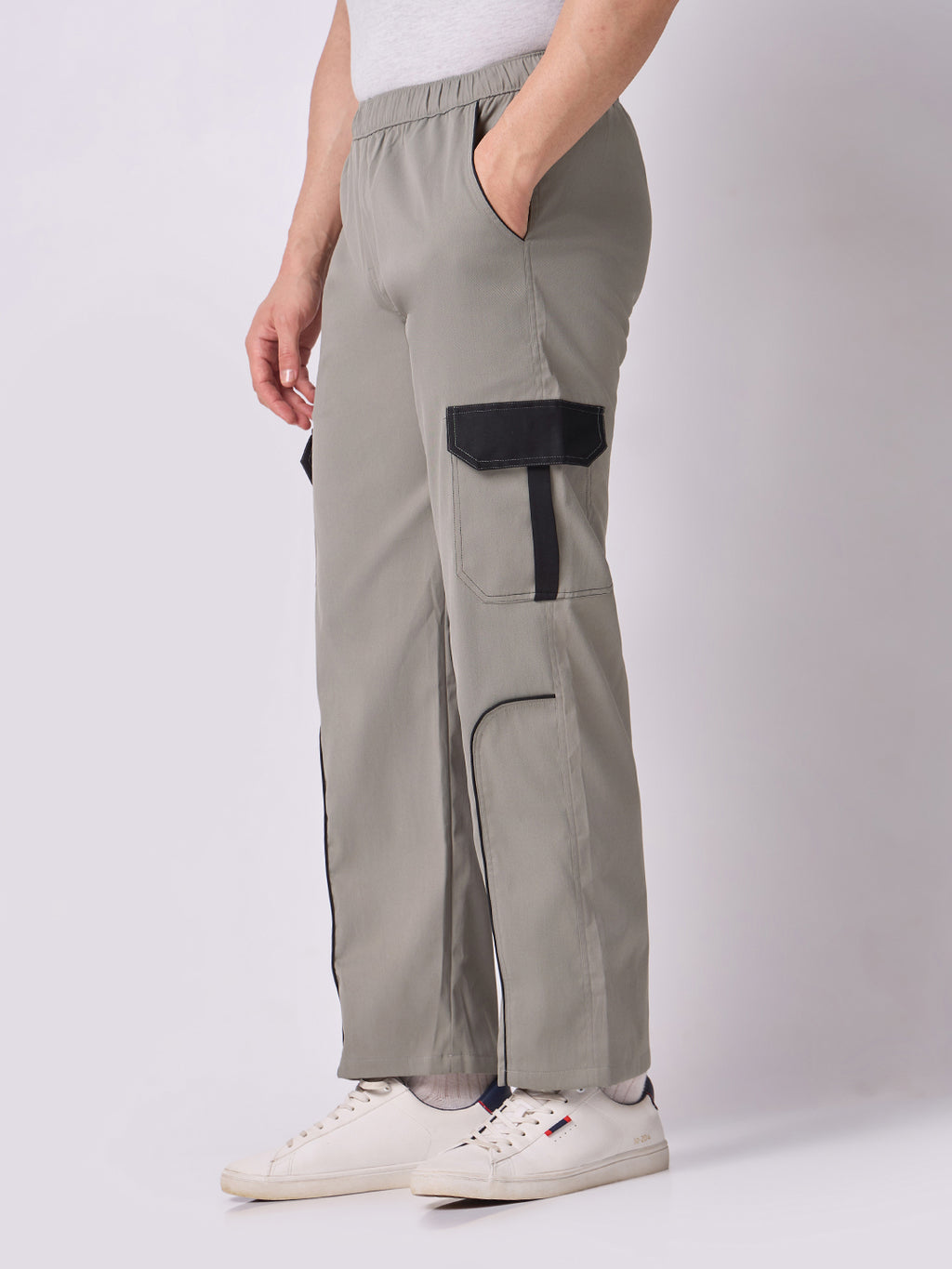 Grey Cargo Parachute Pants with Black Trim