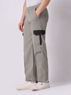 Grey Cargo Parachute Pants with Black Trim