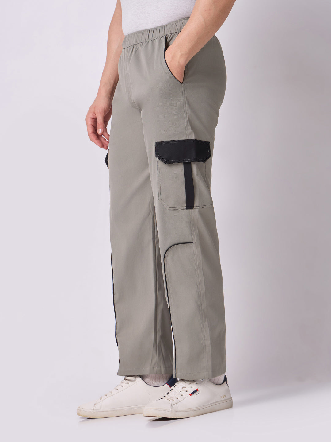 Grey Cargo Parachute Pants with Black Trim