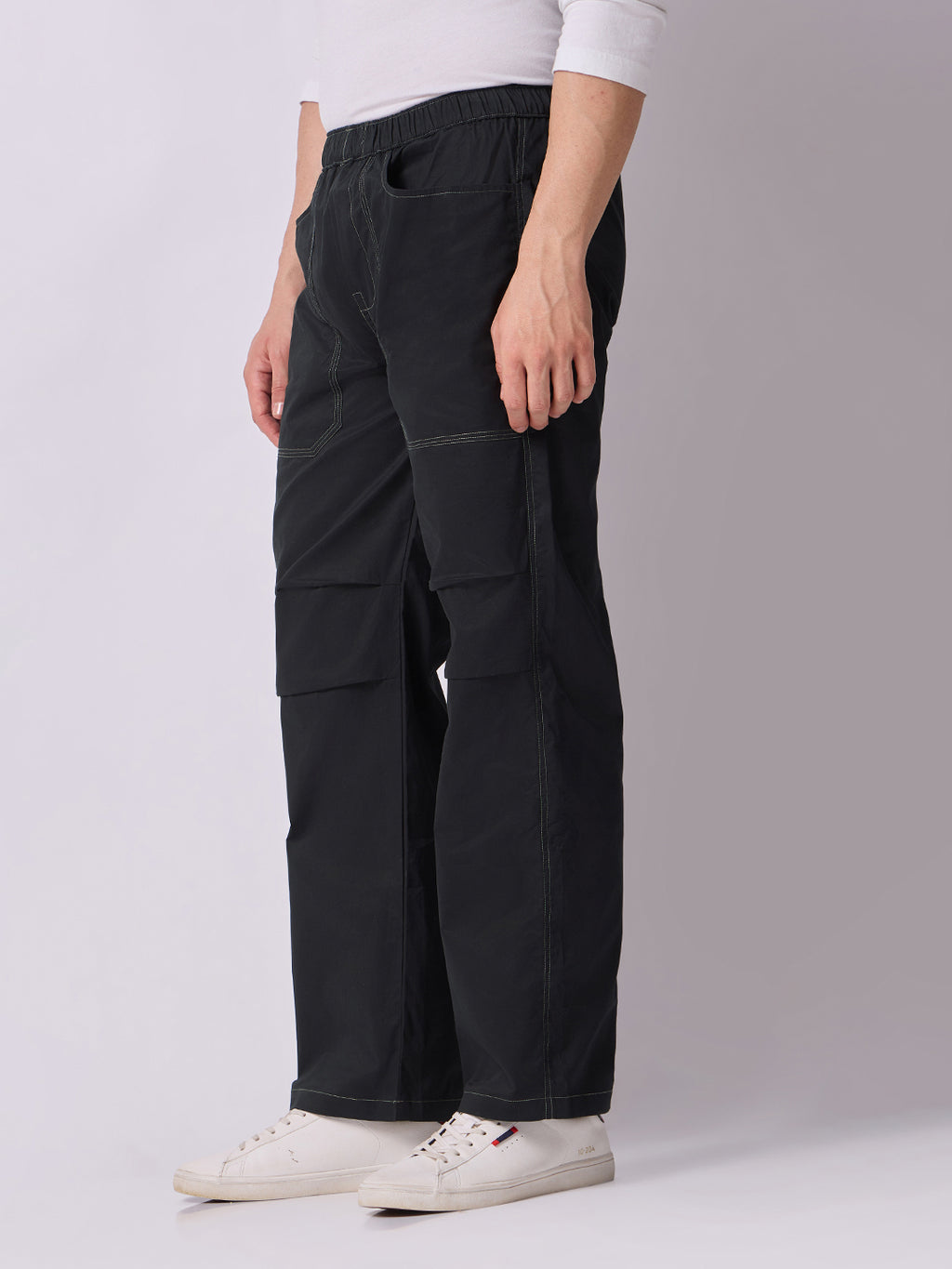 Black Panelled-Knee Parachute Pants