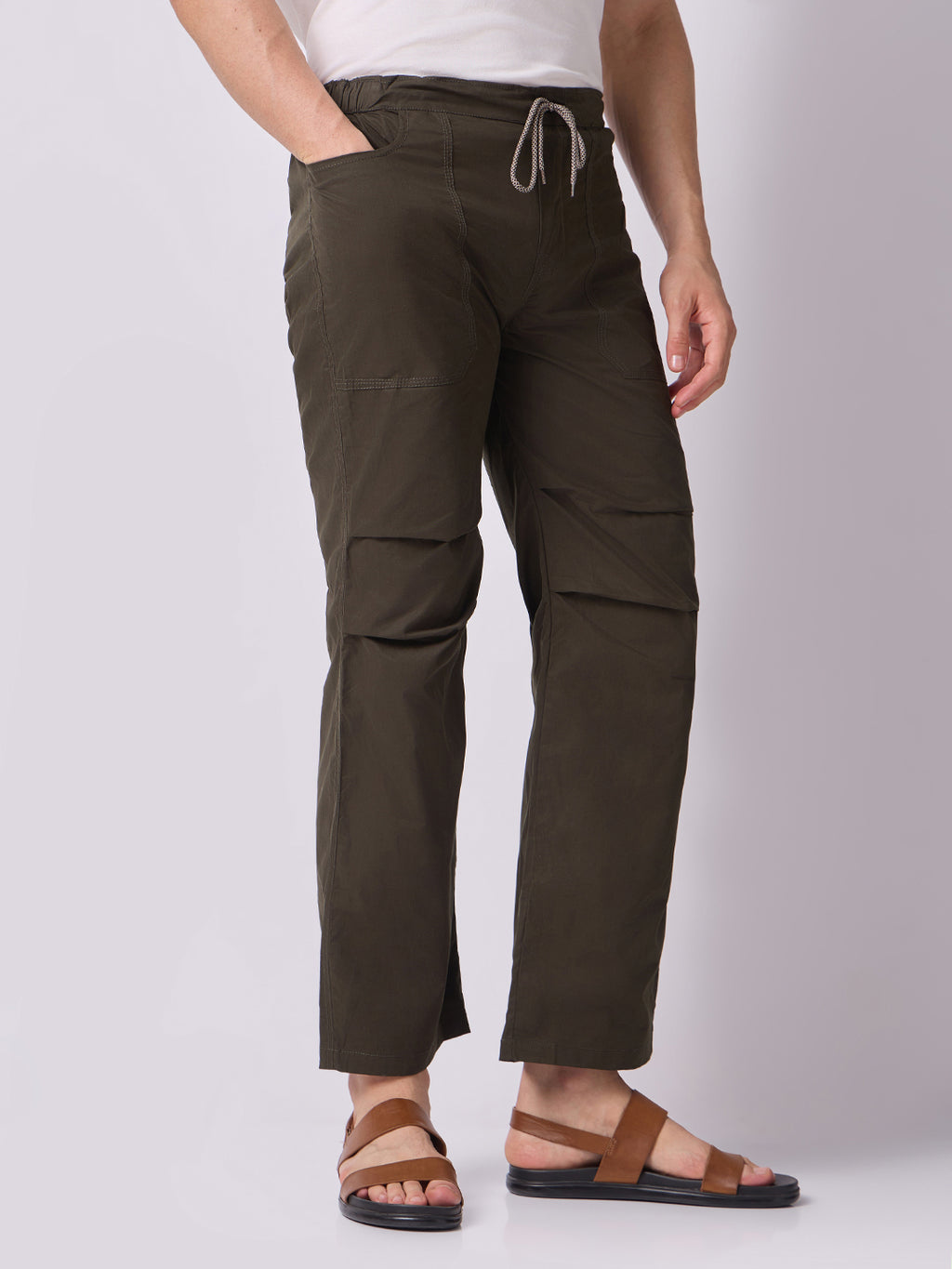 Olive Green Panelled-Knee Parachute Pants