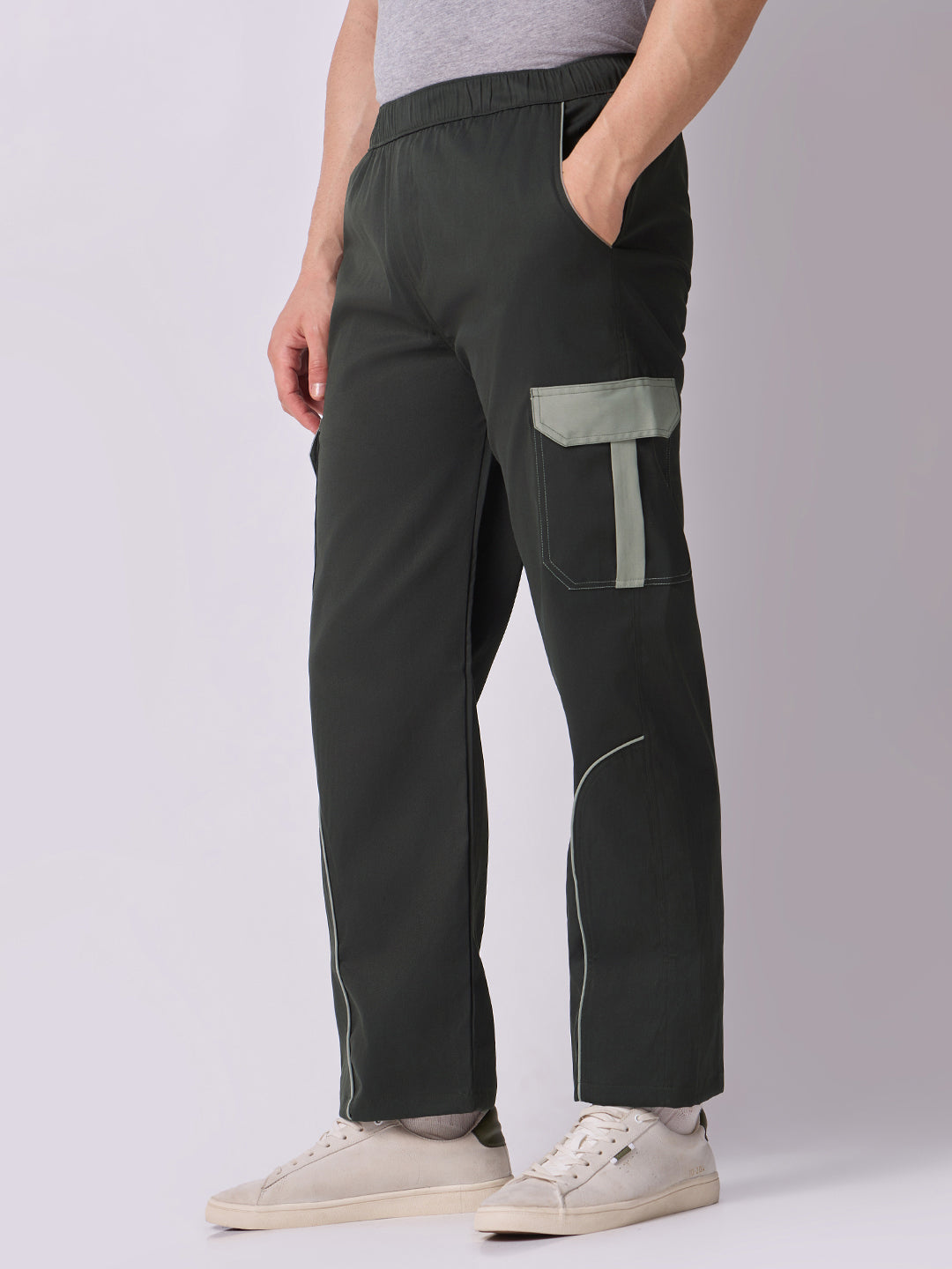 Olive Cargo Parachute Pants with Grey Trim