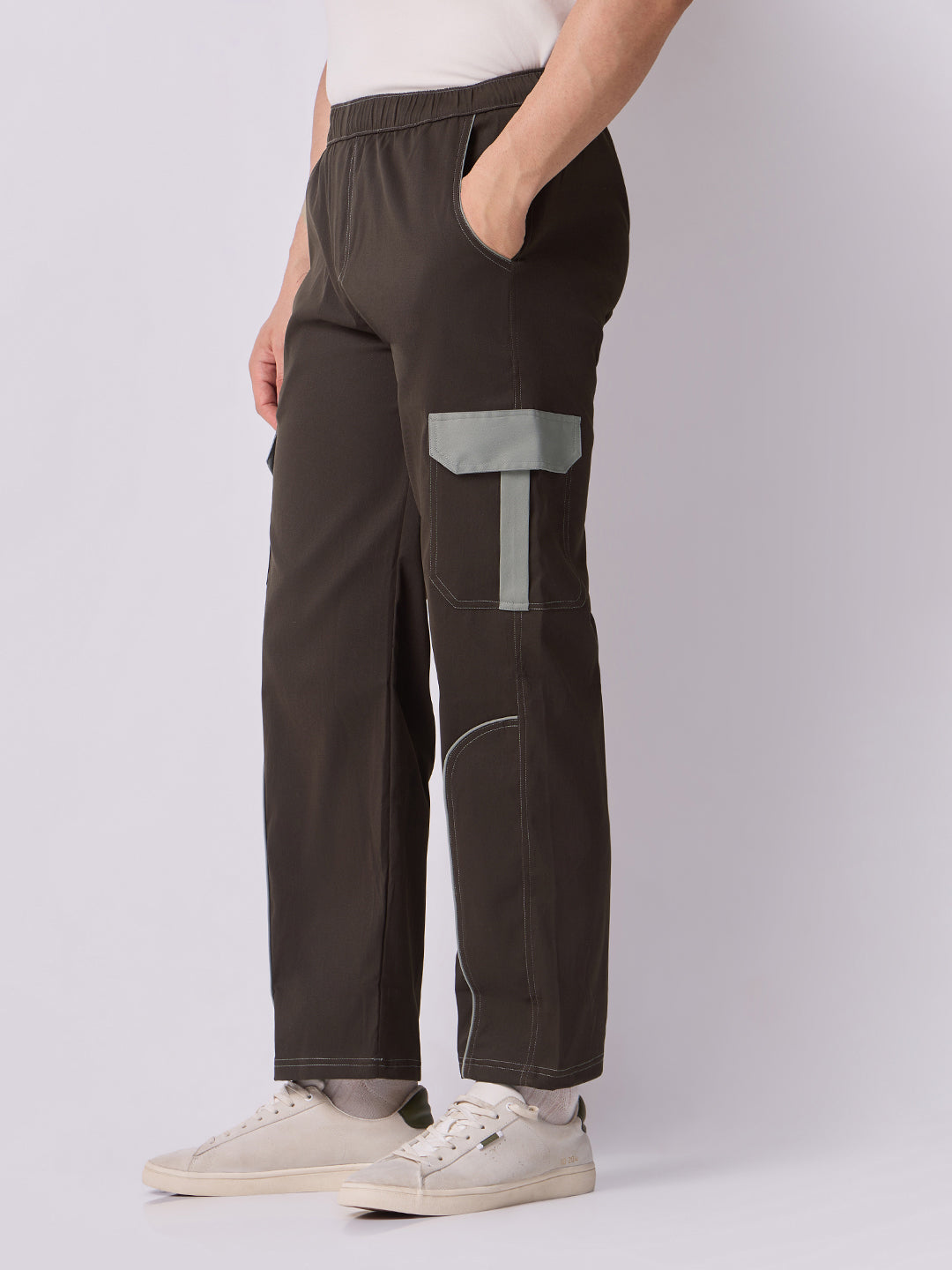 Coffee Brown Cargo Parachute Pants with Grey Trim