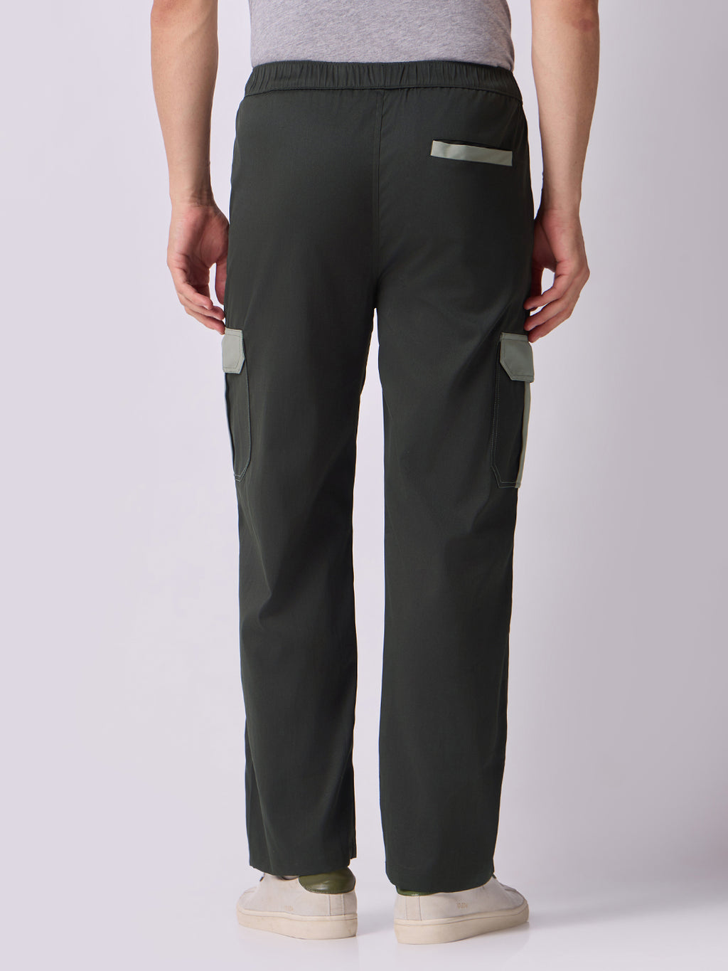 Olive Cargo Parachute Pants with Grey Trim