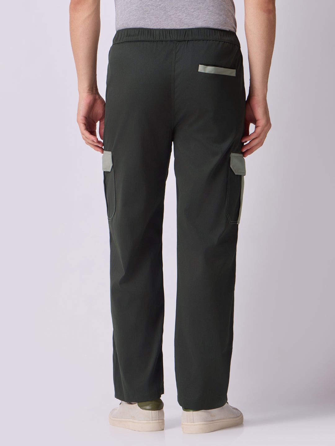 Olive Cargo Parachute Pants with Grey Trim