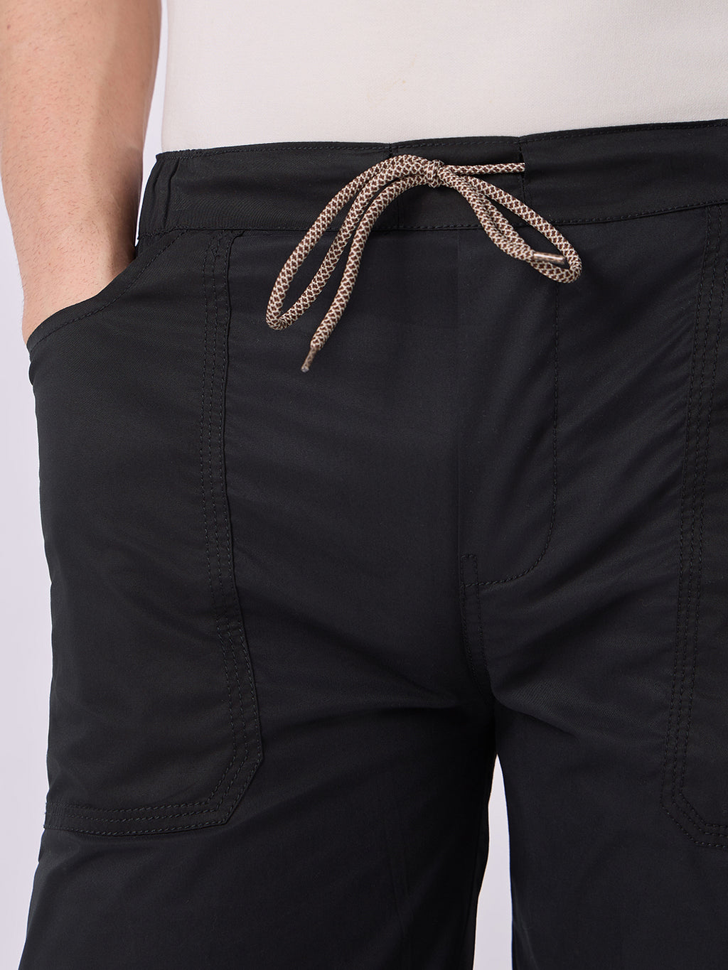 Black Panelled-Knee Parachute Pants – White Contrast Stitch