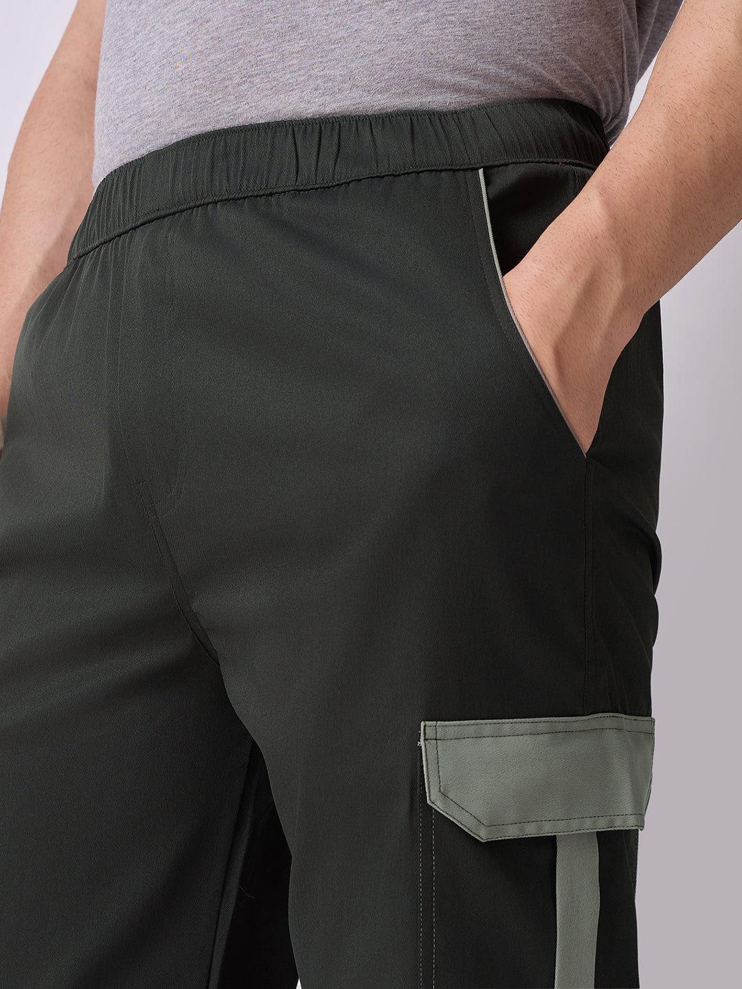 Olive Cargo Parachute Pants with Grey Trim