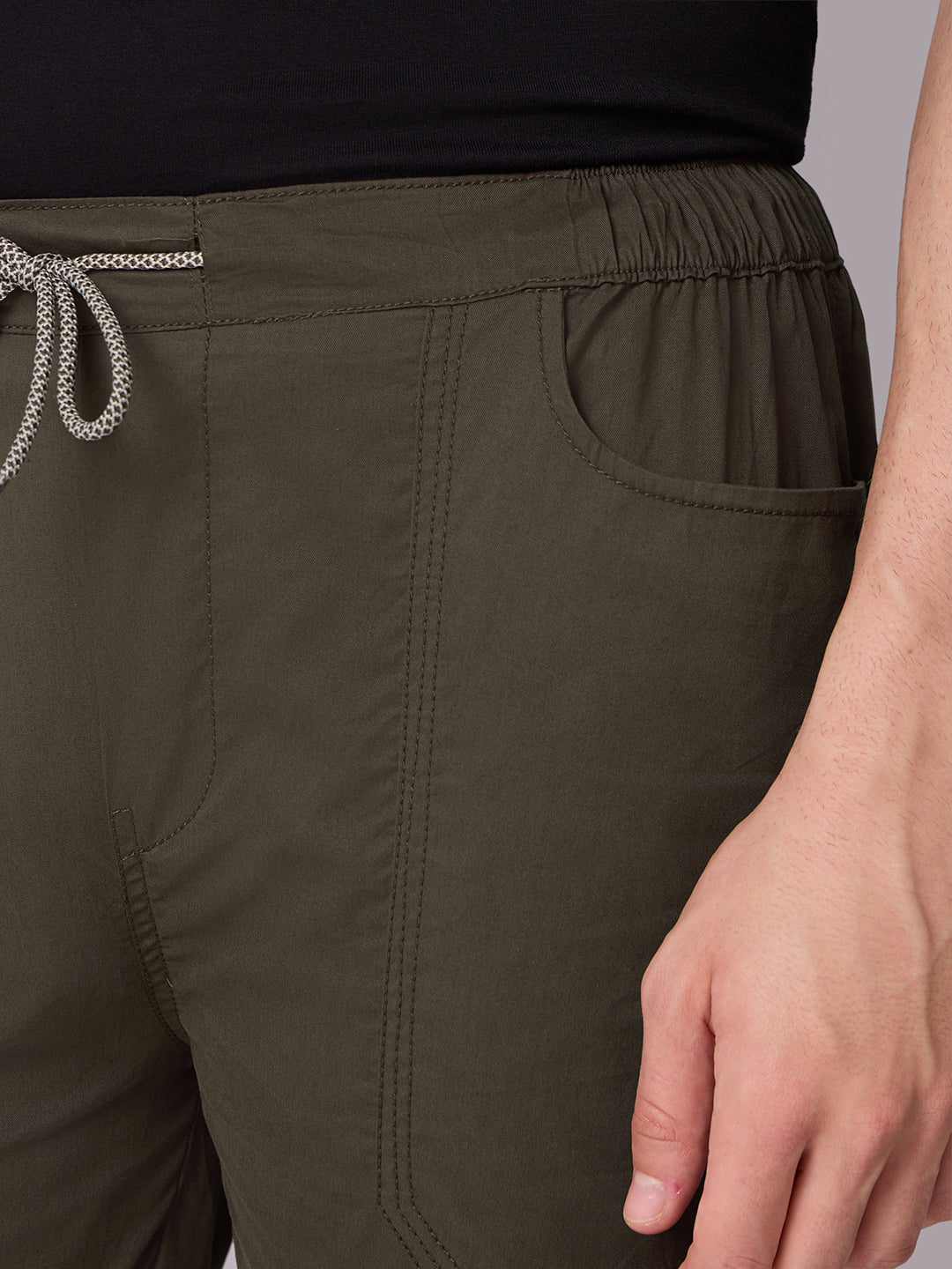Deep Olive Panelled-Knee Parachute Pants
