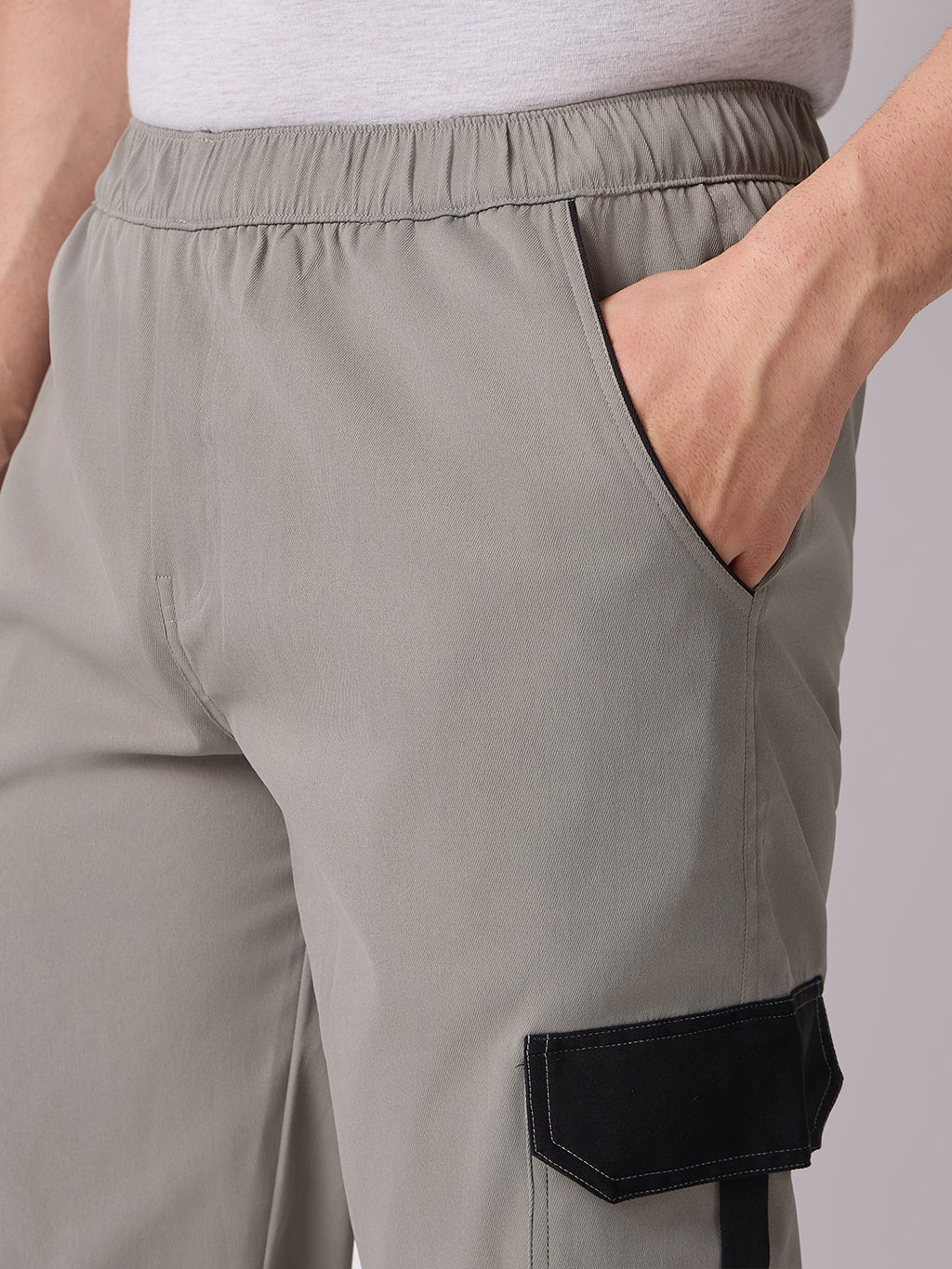 Grey Cargo Parachute Pants with Black Trim