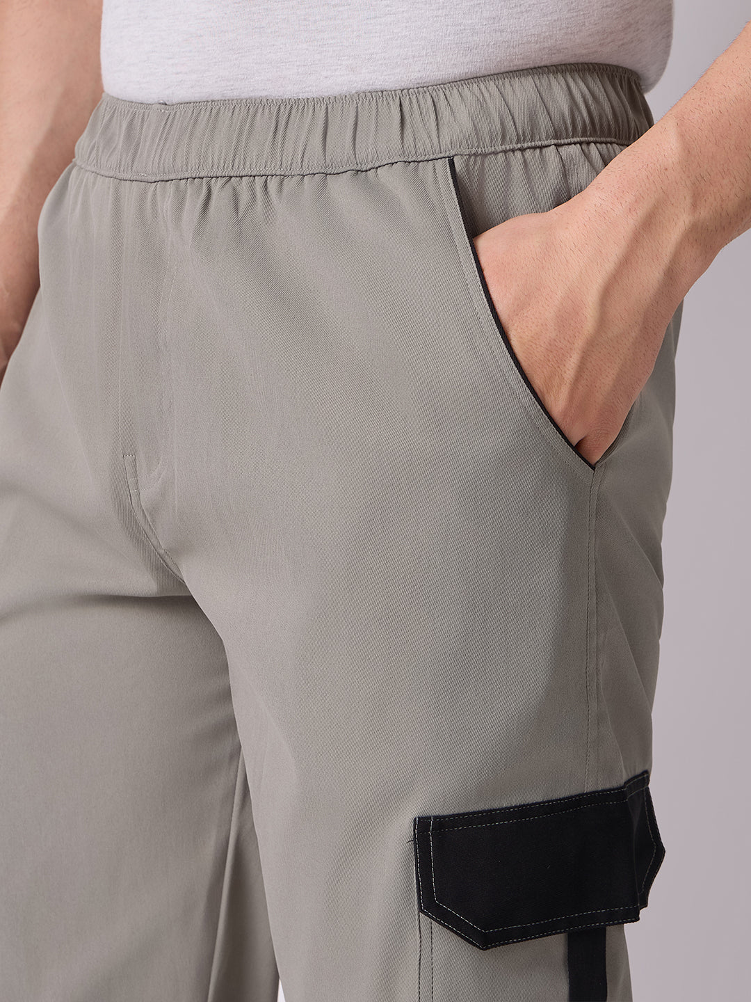 Grey Cargo Parachute Pants with Black Trim