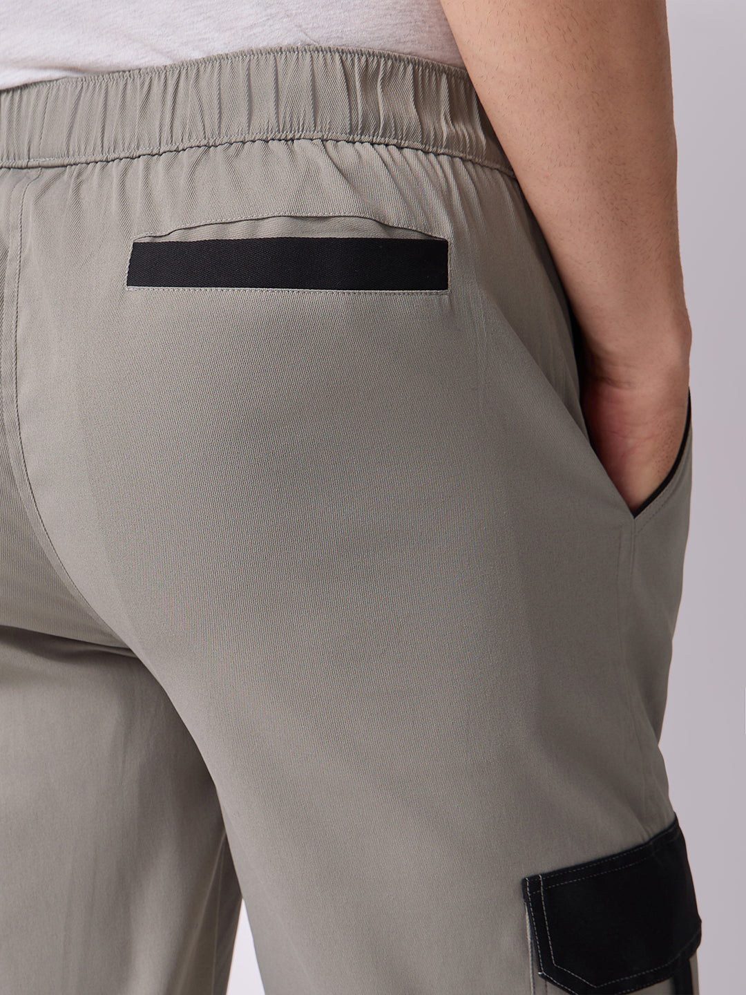 Grey Cargo Parachute Pants with Black Trim
