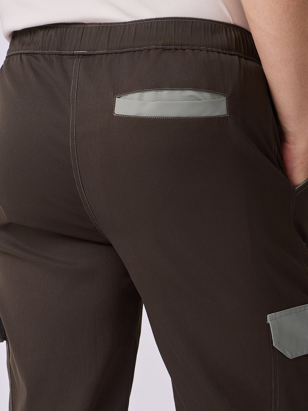 Coffee Brown Cargo Parachute Pants with Grey Trim